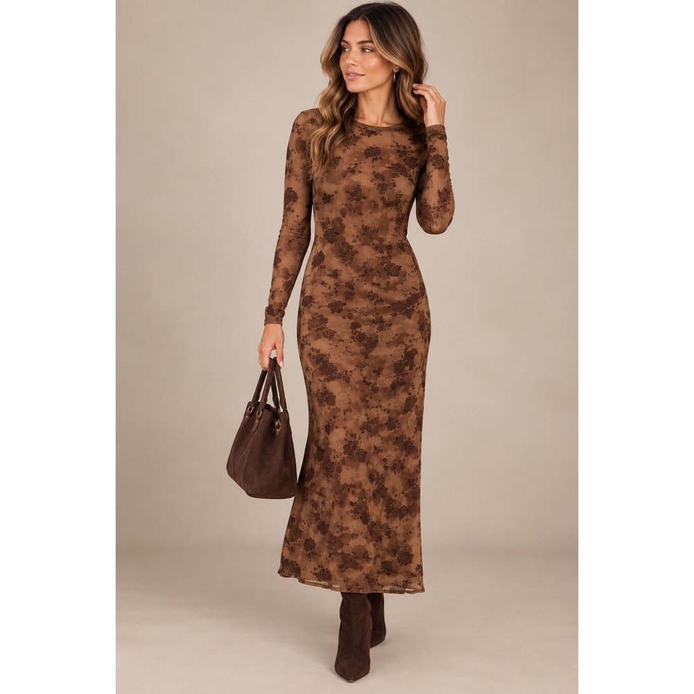 12th Tribe Casanova Brown Floral Mesh Maxi Dress Long Sleeve Brown Large Witchy